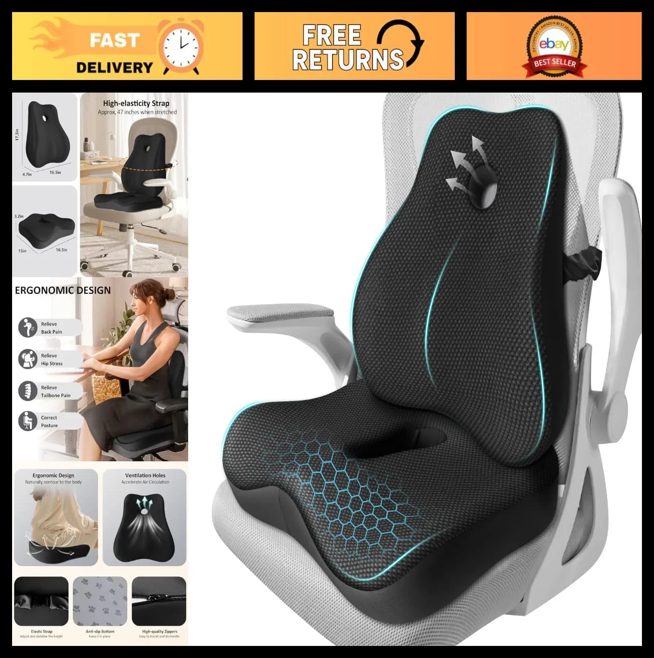 Ergonomic pillow in Memory Foam and Lumbar Support for Office Chair, Sciatica
