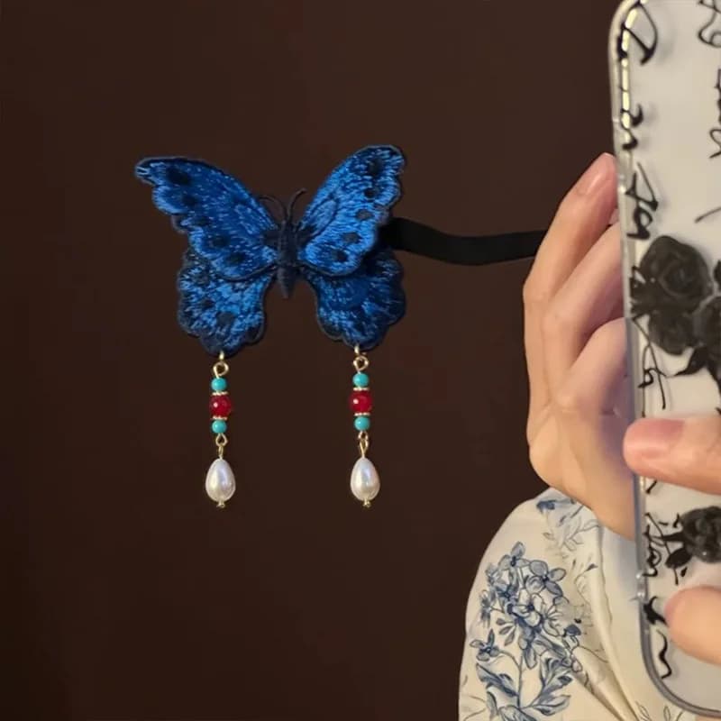 New Chinese ancient style elegant Blue butterfly tassel hairpin, tassel hair stick, fashionable headwear for girls, hair clip, durable hair accessory, high-quality gift, 1PC