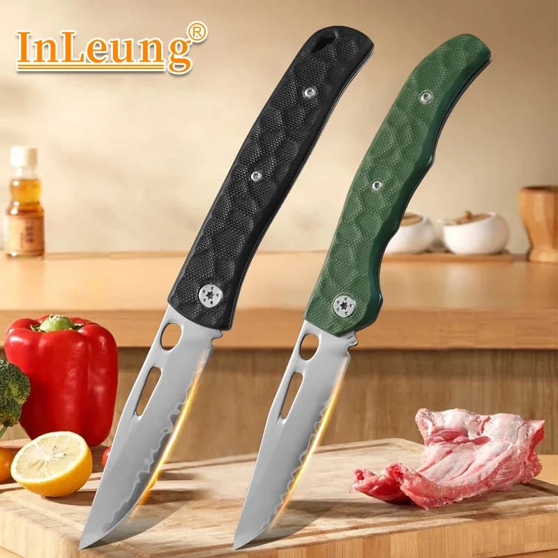 Stainless Steel Foldable Pocket Knife with G10 Handle, Multipurpose for Meat, Vegetables, Fruit, Peel and Peel