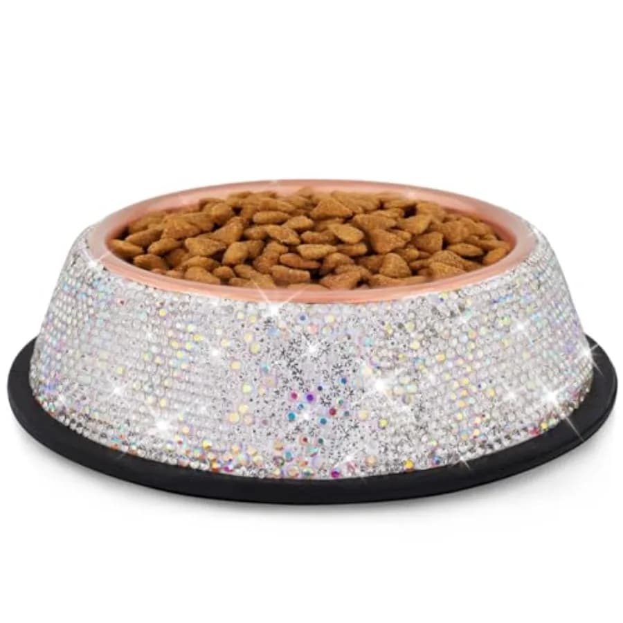Sparkly Full Rhinestones Designed Stainless Steel Pet Bowl - Stylish and Practical Diamond Food Water Dishes Bowls for Large Ca