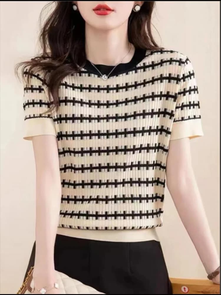 T-shirt da donna Casual da ufficio con scollo tondo a righe alla moda a maniche corte lavorata a maglia
