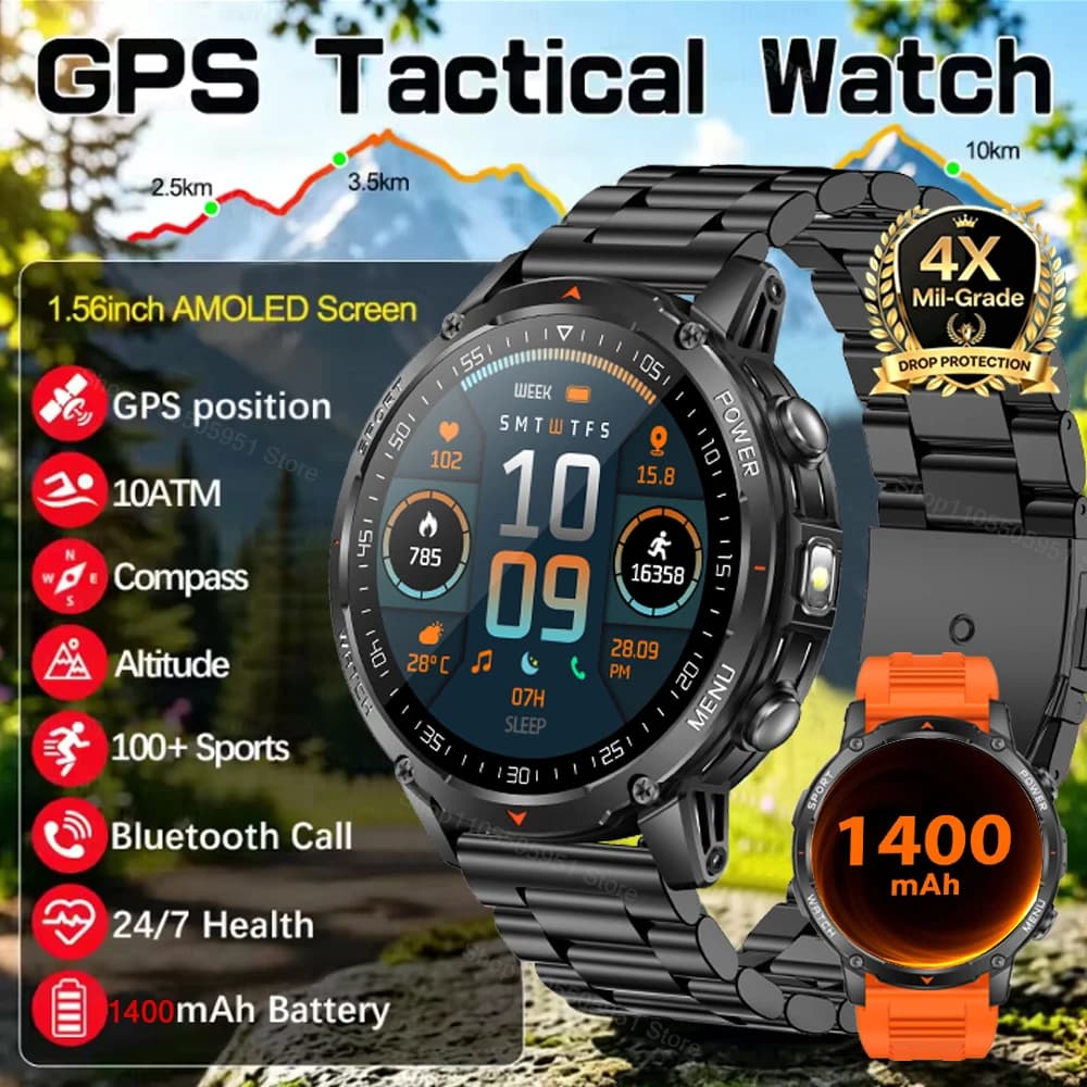 2026 New Military 1400mAh Large Battery GPS SmartWatch Men Run RIDE Fitness Compass Tracker 10ATM Waterproof BT Call Sport Watch