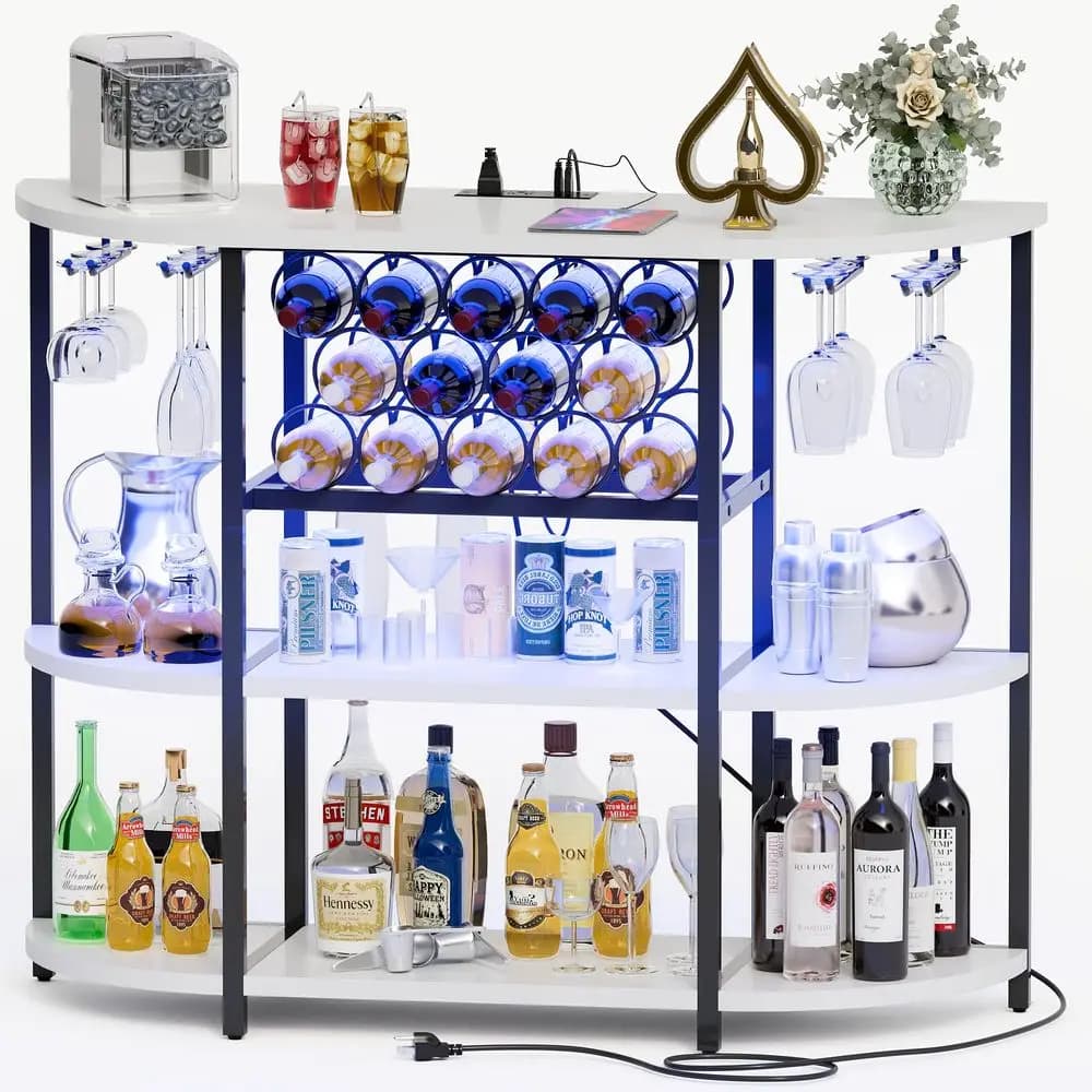 Mobile Bar per Liquori con Luci e Presa Elettrica, Cantinetta Vini a 4 Ripiani Autoportante con Portabicchieri