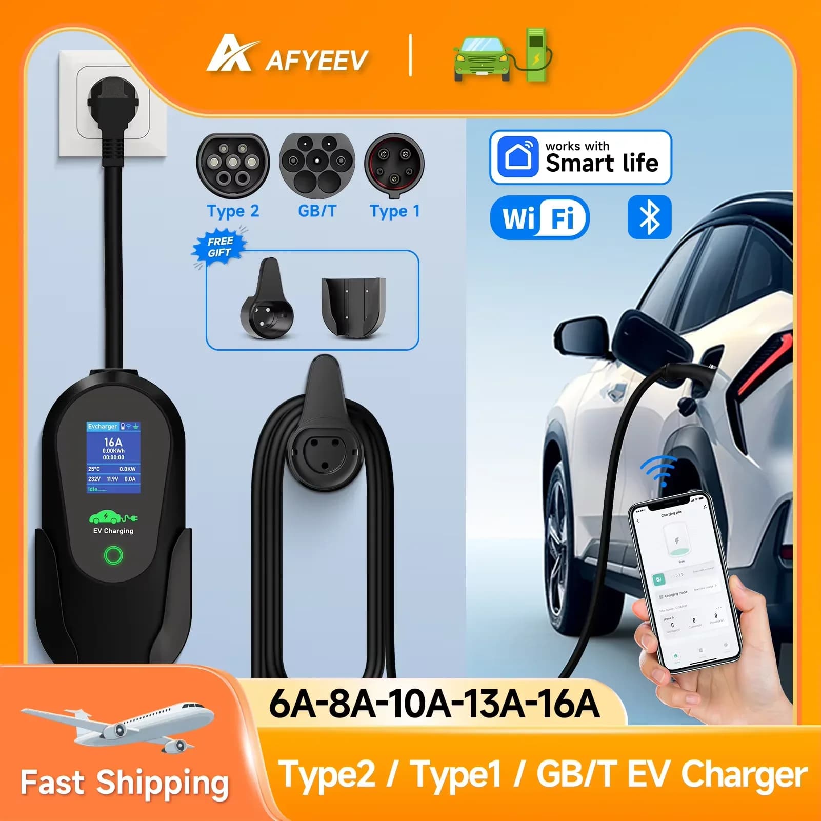 AFYEEV 3600W Portable Type 2 IEC62196-2 EV Charger Type1 SAE J1772 Charger for Electric Auto EU Plug WiFi Bluetooth Control APP