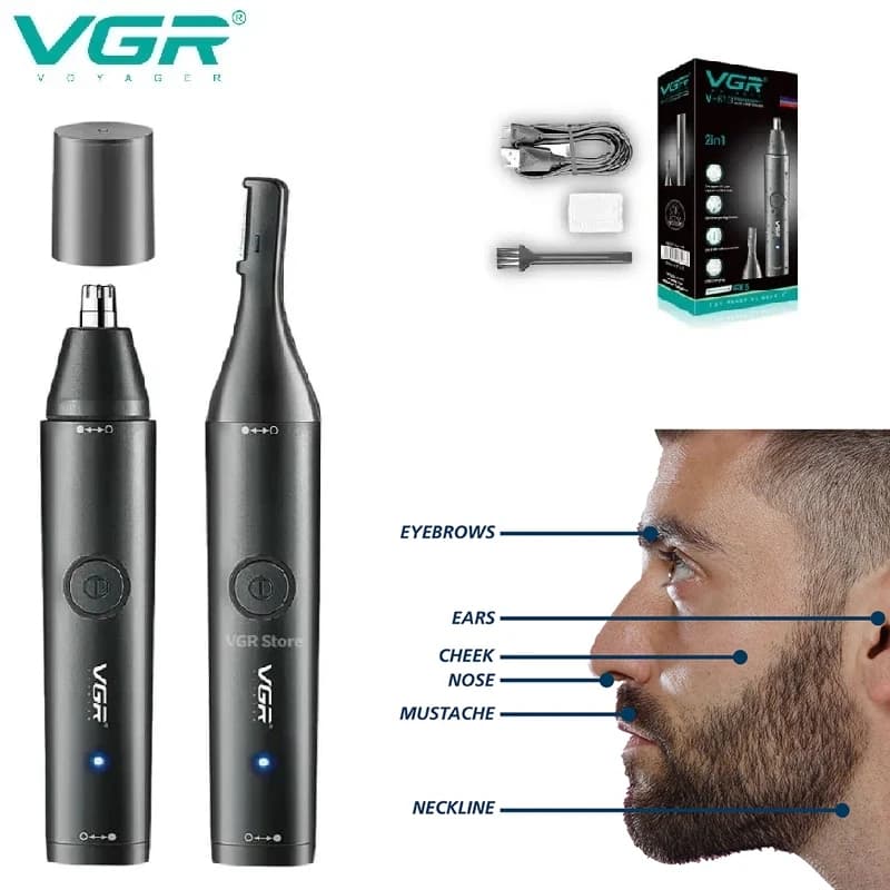 VGR Lavabile Naso Tagliacapelli Barba Capelli Facciali Trimer Sopracciglio Elettrico Sopracciglia Naso Trimmer 2 In 1 Ricaricabile V-613