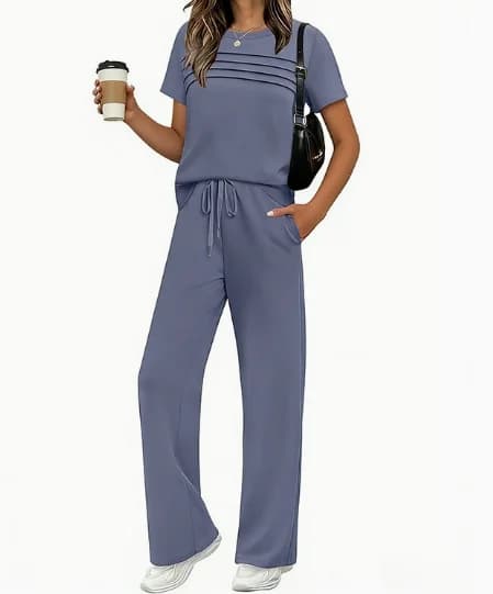 Women's Casual Set Summer New Daily Simple Style Solid Pleated Splicing Short Sleeved T-Shirt High Waist Straight Leg Pants Set