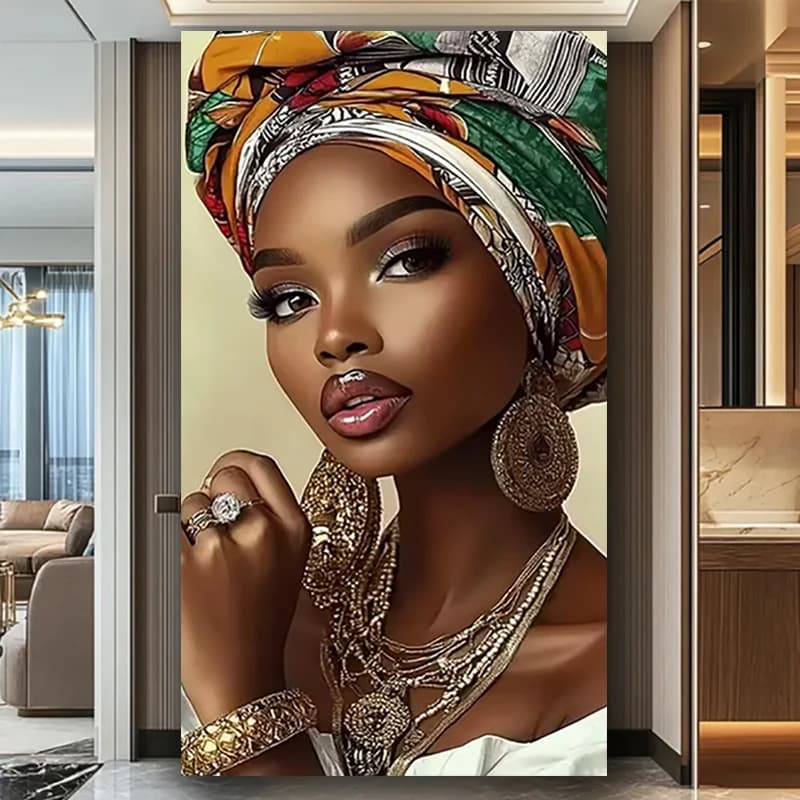 Vibrant African Woman Colorful Turban 5D Diamond Painting Jewelry Cross Stitch Kits Full Square Round Diamond Mosaic Home Decor
