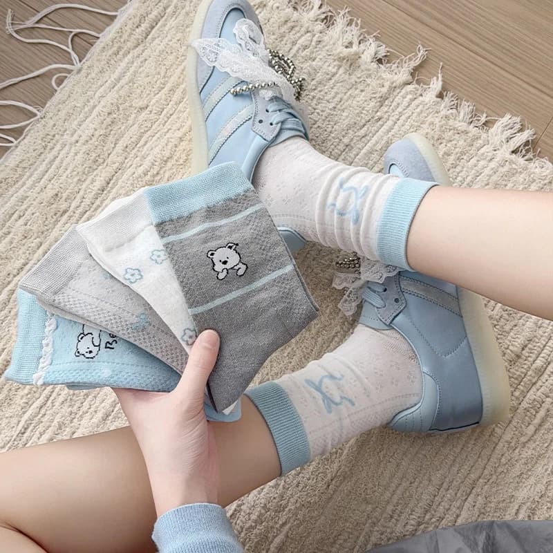 1/4/5 Paia di Calzini da Donna con Simpatici Cartoni Animati, Sottili in Cotone per Primavera/Estate, Stile Giapponese Kawaii, Traspiranti in Rete, Stile Instagram