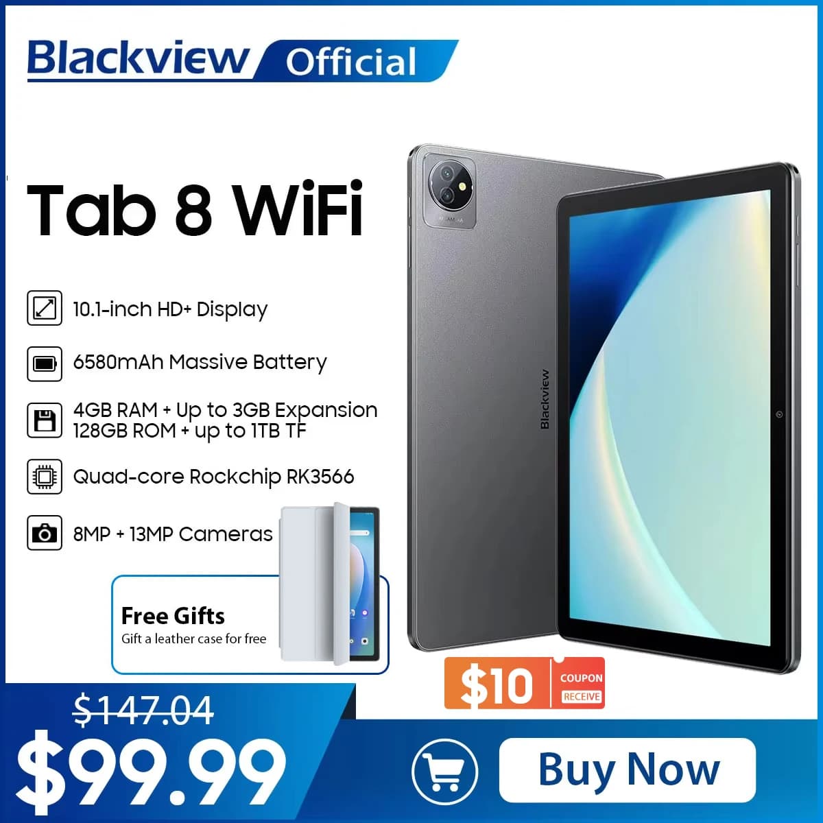 Blackview Tab 8 WiFi Android 12 Tablet 7GB 128GB 10.1'' HD+ Display, 6580mAh 2.4G/5G WiFi 6,13MP Telecamere posteriori