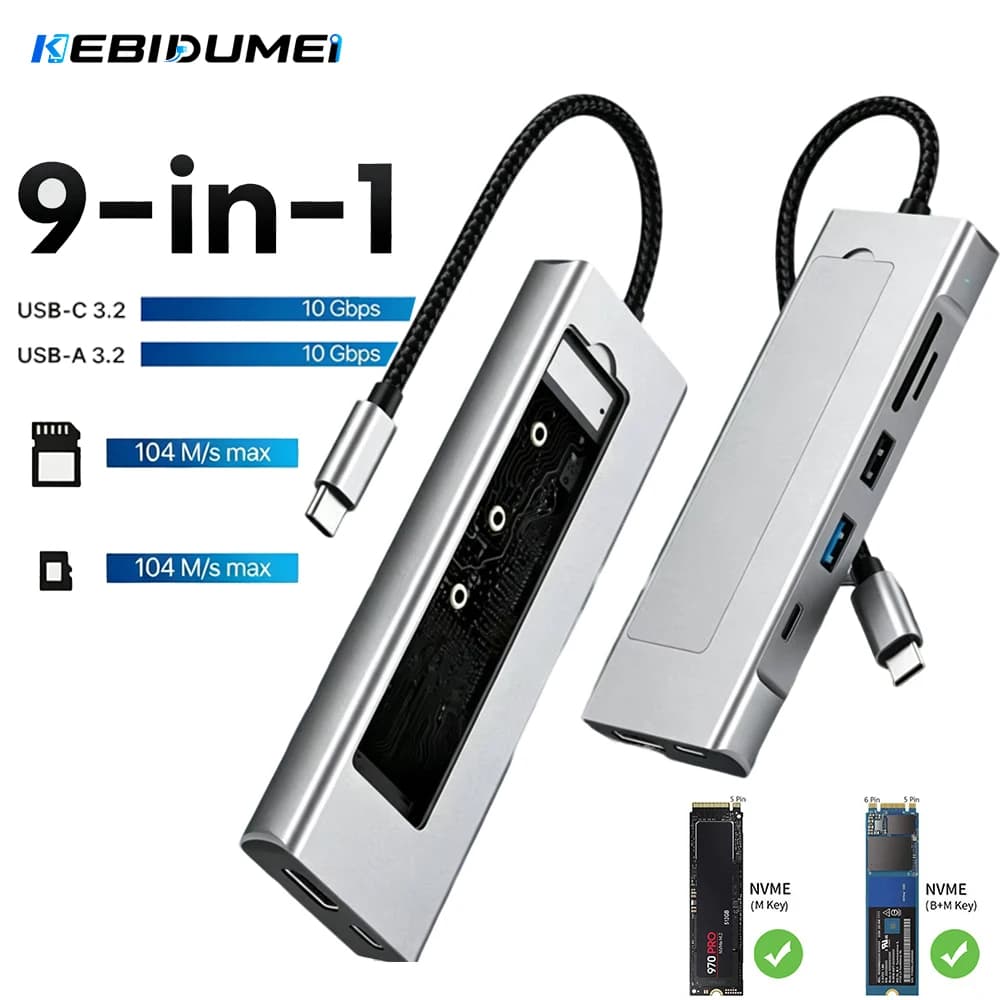KEBIDUMEI M.2 SSD Enclosure USB C Hub Splitter PD100W Extension Docking Station 10Gbps M2 NVMe External Case 4K 60HzHDMI Adapter