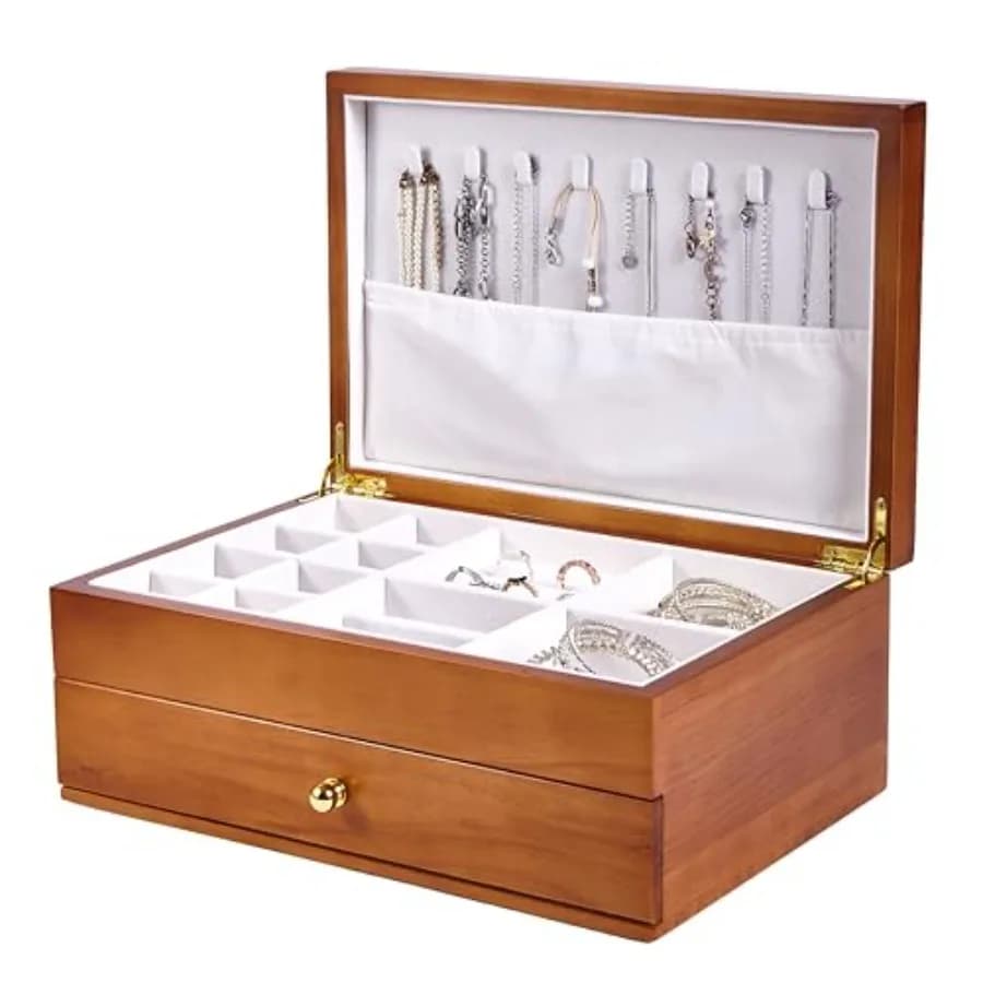 Portagioie in legno con cassetto Organizzatore vintage a 2 strati in vero legno massello naturale di medie dimensioni con scomparto per anelli per orecchini