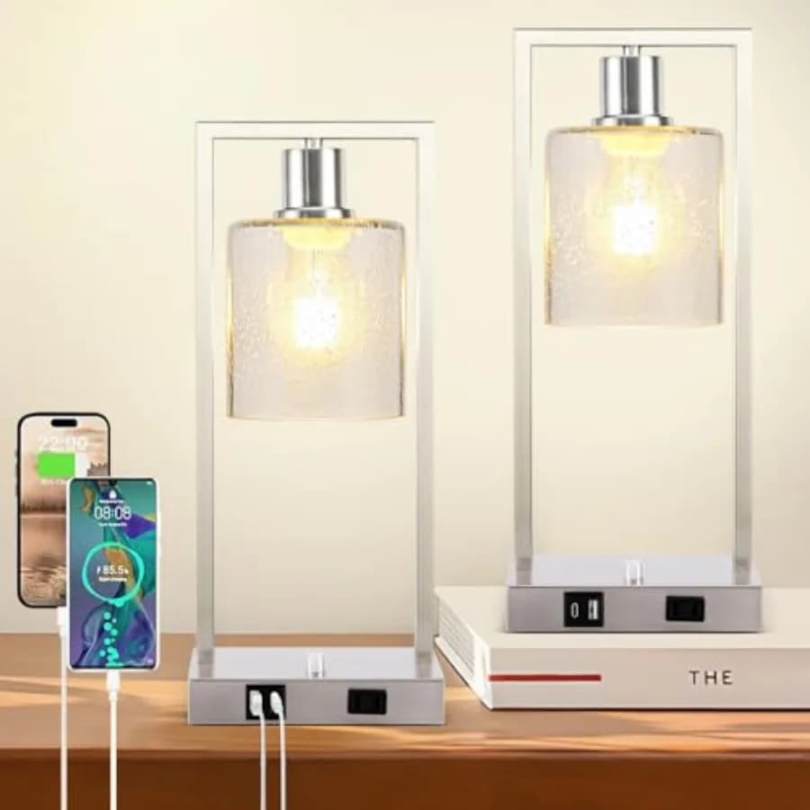 Lampade da Scrivania da 16 Pollici per Casa e Ufficio, Lampade da Comodino con Porte USB C+A e Presa, Lampada da Tavolo Industriale in Nichel Completamente Dimmerabile
