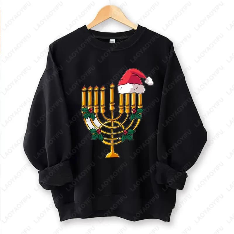 Hanukkah Sweatshirt Fun Chrismukkah Shirt Menorah Candle Printing Pullovers Jewish Religious Sweater Happy Hanukkah Unisex Hoody