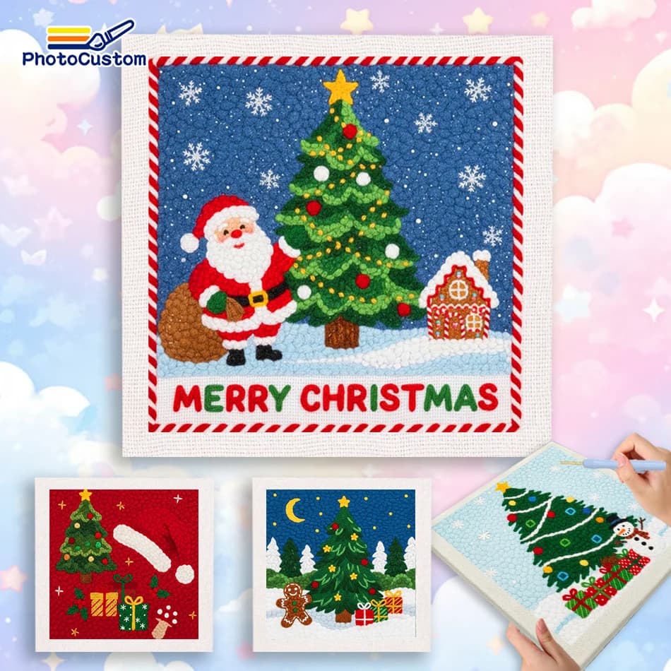PhotoCustom Christmas Tree Punch Needle Frame Painting Decor Beginner Embroidery Kit Christmas Complete Punch Needle Kit Interio