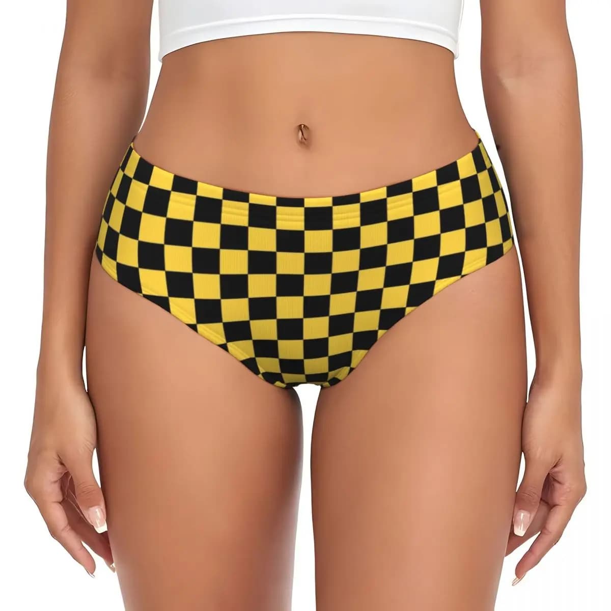 Personalized women's briefs with yellow and black chess pattern, comfortable underwear, Valentine's Day gift.