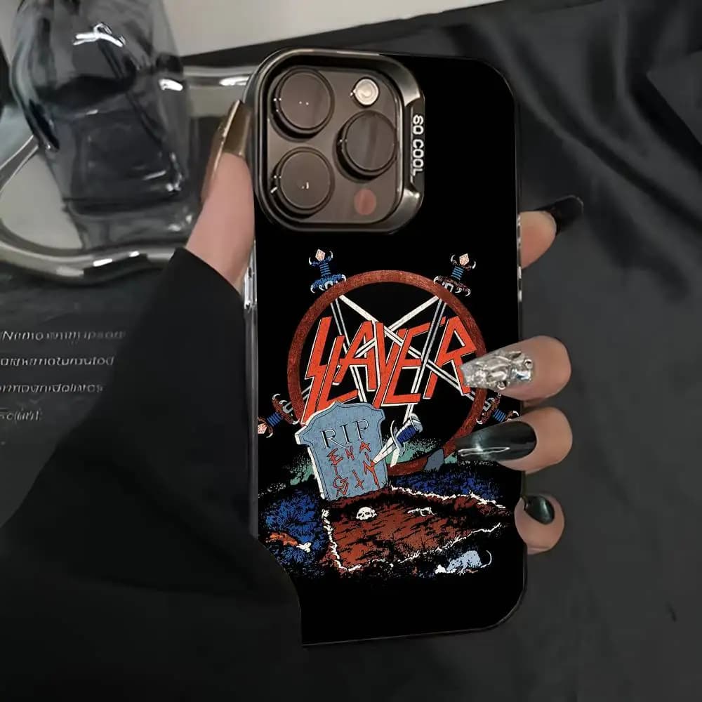 S-Slayer Rock Band RIP Custodia per telefono IMD Custodia per iPhone 16 15 14 13 12 11 Pro Max Plus Colore Argento Cover