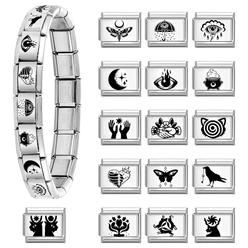 Creative DIY Black Laser Engraving Moon Eyes Star Butterfly Heart Italian Charm Links Fit 9MM Stainless Steel Bracelet Jewelry