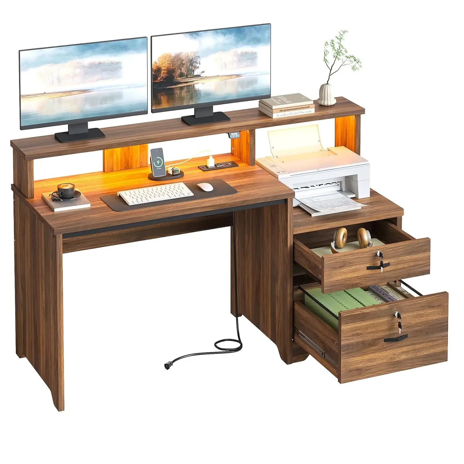 Scrivania per Computer in Legno 55 Pollici con Cassetto Chiudibile, Stazione di Ricarica, Mensole LED, Ripiano per Stampante, Supporto Monitor, per Ufficio e Studio, Personalizzabile in Noce