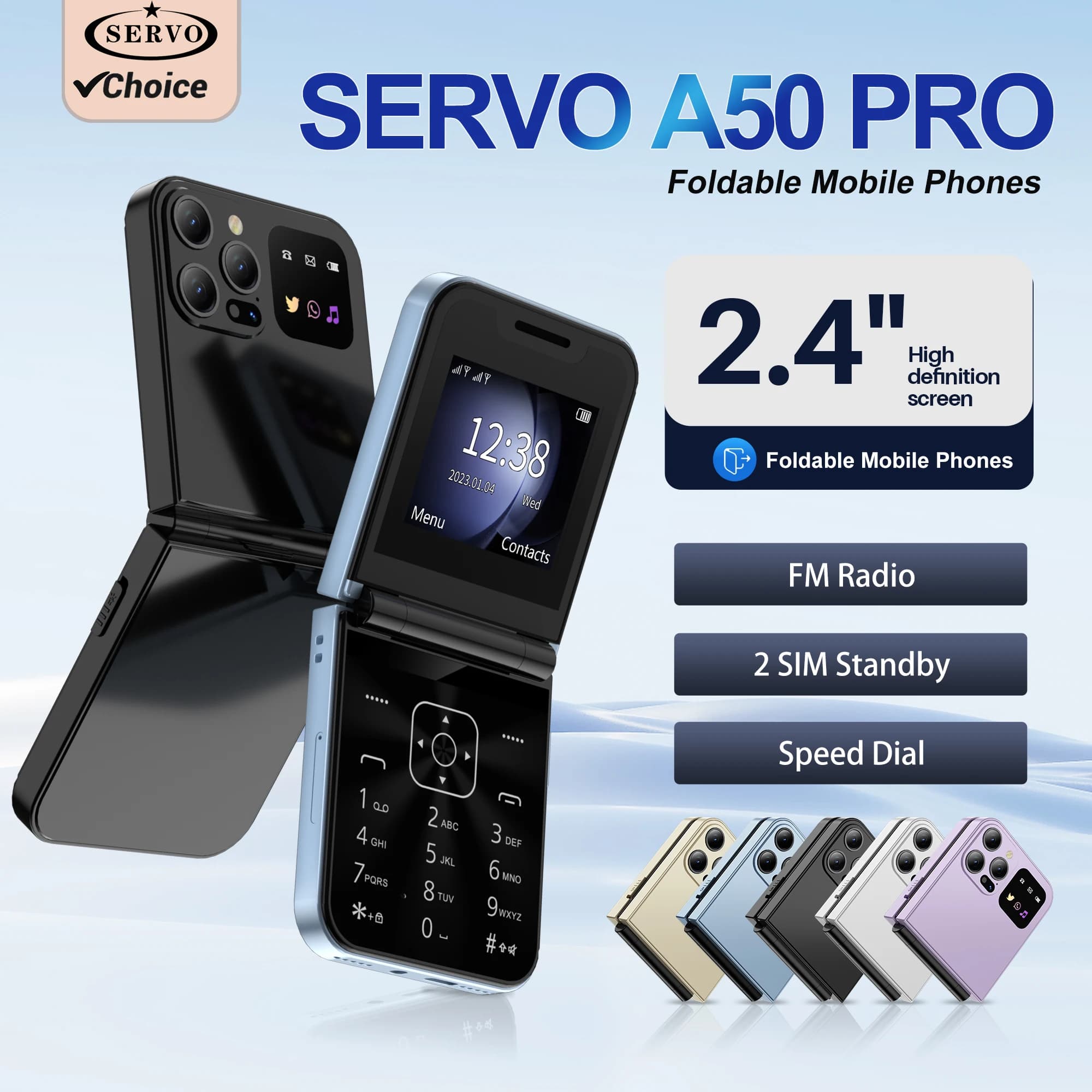 SERVO Telefono Cellulare Pieghevole con Display da 2,4 Pollici, Dual SIM, Registrazione Chiamate, Chiamata Rapida, Torcia, Radio FM, 2G GSM, Cellulare a Conchiglia con Tasti