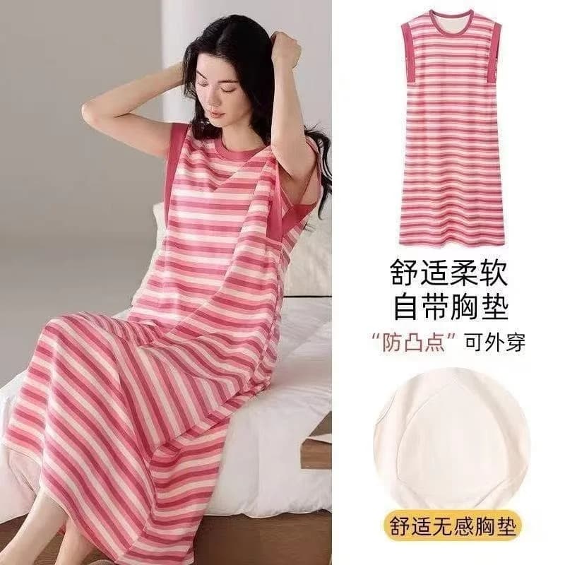 Women's Pajamas Lady Girl Spring Summer Loungewear Padded Sleep Dress Sweet Cute Short-sleeve Striped Loose Pajamas Loungewear