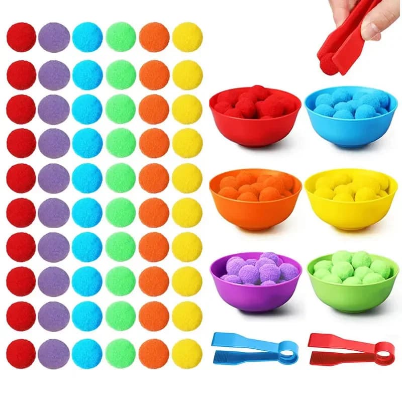 Children Counting and Sorting Toys Pom poms Rainbow Colors Plastic Bowls Tweezers Fine Motor Skill Chidlren Learning Toys
