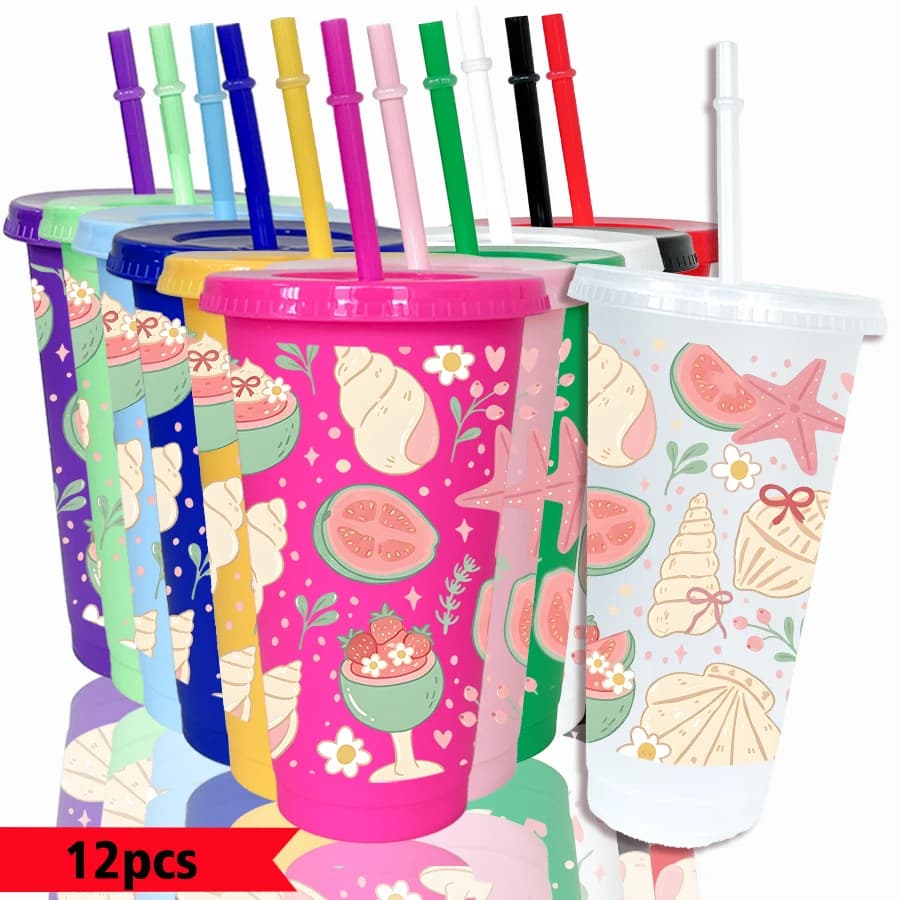 Confezione da 12 Bicchieri in Plastica Colorata da 26oz con Motivi a Conchiglia, Frutta e Fiori per Feste, Regalo di Ritorno a Scuola e Compleanno