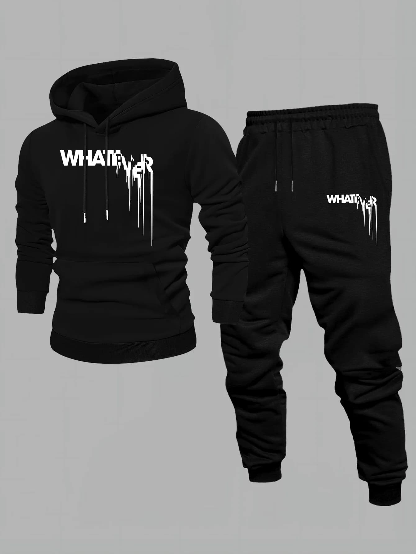 Men 2‑Piece Streetwear Outfit Drip Tear Letter Print Long Sleeve Hoodie + Black Cuffed Sweatpants Casual Sports Tracksuit Set