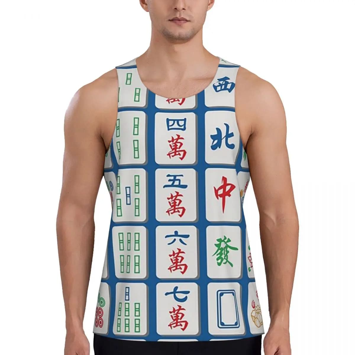 Piastrelle Mahjong ad asciugatura rapida su canottiera da palestra blu, camicia senza maniche muscolare, gilet traspirante per bodybuilding