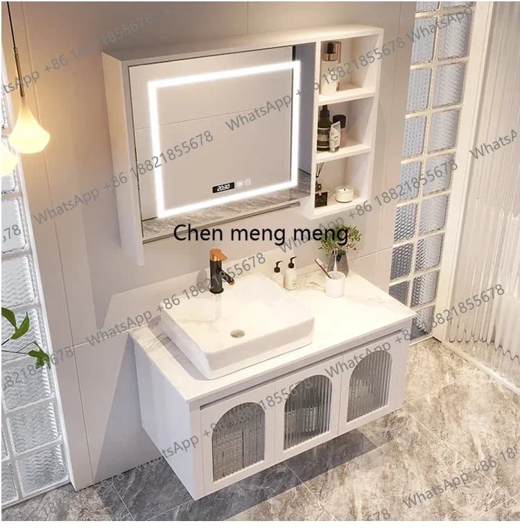 Mobile Bagno Stile Nordico Z10 con Lavabo Integrato, Armadietto Bagno con Specchio Smart e Lavabo in Ardesia, Arredamento Bagno