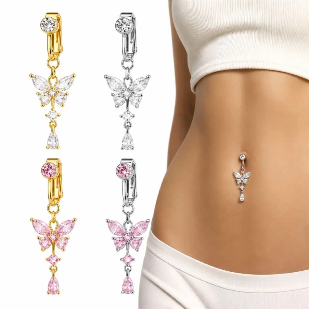 Anello Finto per Ombelico a Clip con Design a Farfalla, Senza Piercing, in Zircone, Materiale Rame/Lega