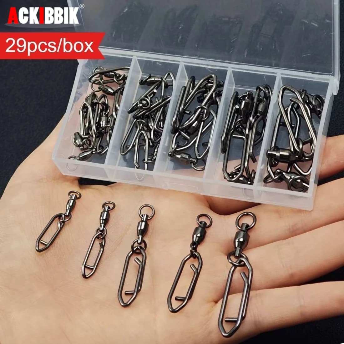 Set di 29 Girelle e Moschettoni da Pesca, Alta Resistenza, Antiruggine, Misure Assortite, Attrezzatura per Pesca in Acqua Salata con Scatola Portaoggetti