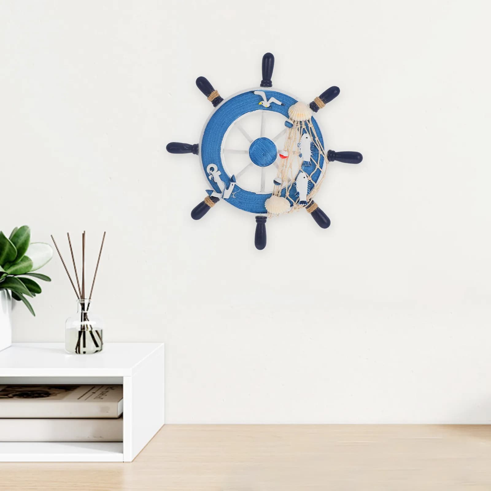 Timone in Legno Blu Stile Nautico, Decorazione Rustica da Parete per la Spiaggia, Rete da Pesca, Conchiglie, Corda, Arredamento Casa, Arte Murale Timone a Vela