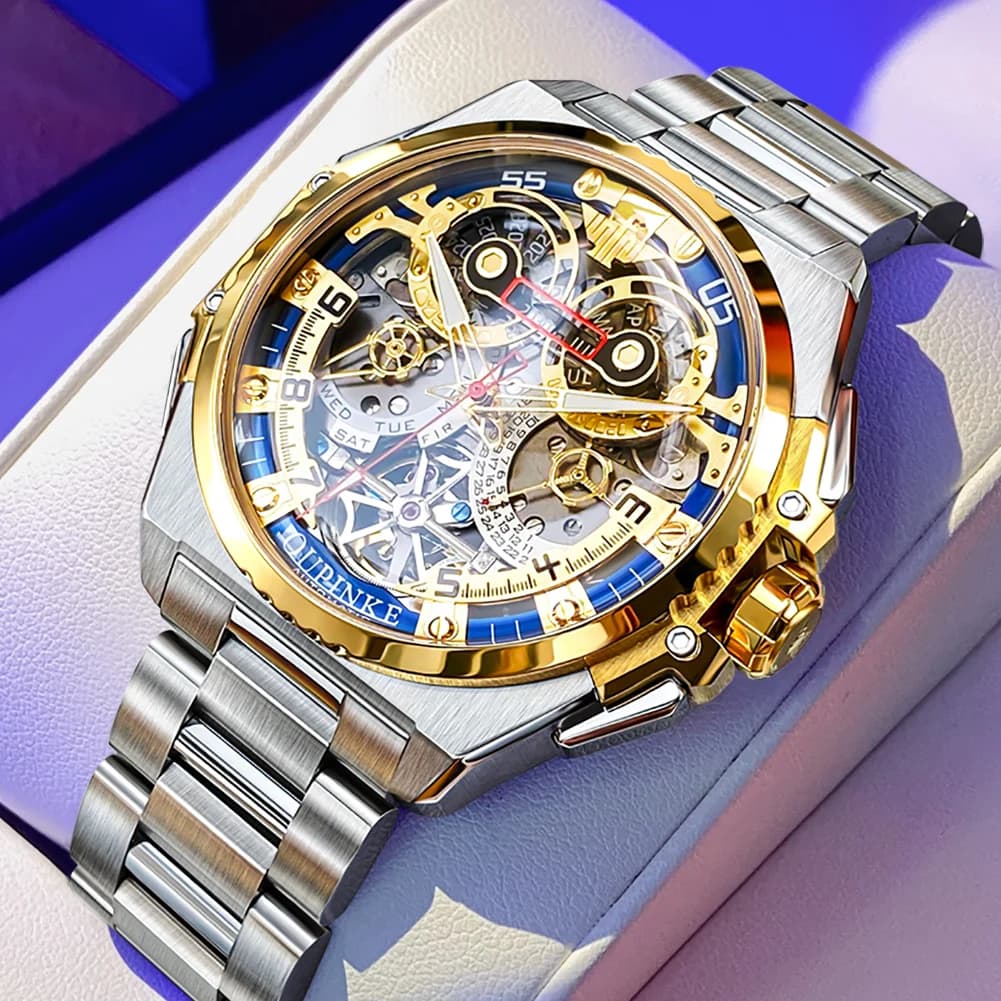 OUPINKE Orologi da uomo Orologio automatico originale di moda di lusso delle migliori marche per uomo Stile macchinari industriali Quadrante Calendario Settimana