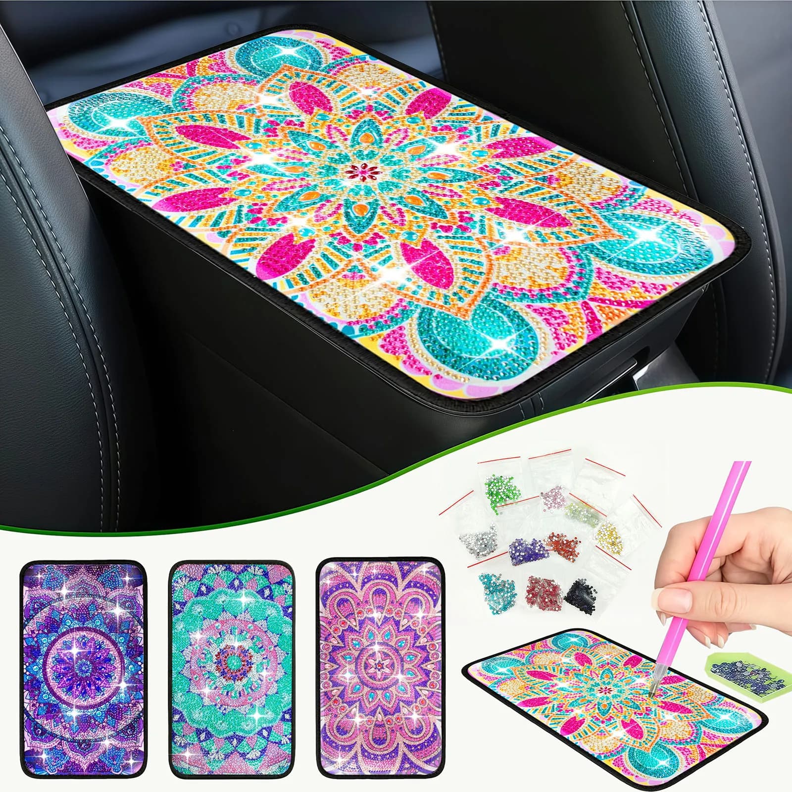 1 set di pittura diamante fai da te, cuscino per auto a tema mandala in materiale tela, adatto per regali di decorazioni per interni auto.