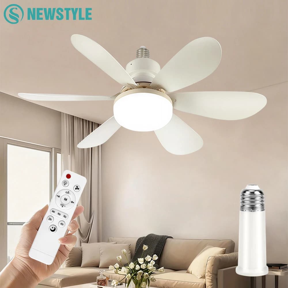 Ventilatore da soffitto a LED per la casa con base E26/E27, 3 colori regolabili, telecomando wireless, lampada da soffitto da 52 cm per camera da letto e soggiorno