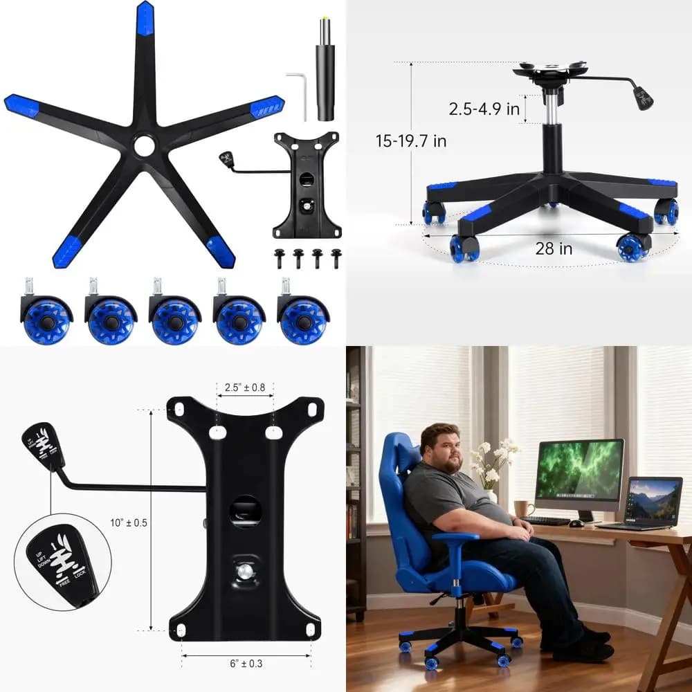 Set Base per Sedia da Gaming con Cilindro a Gas, Piastra Inferiore e 5 Ruote in Gomma Blu