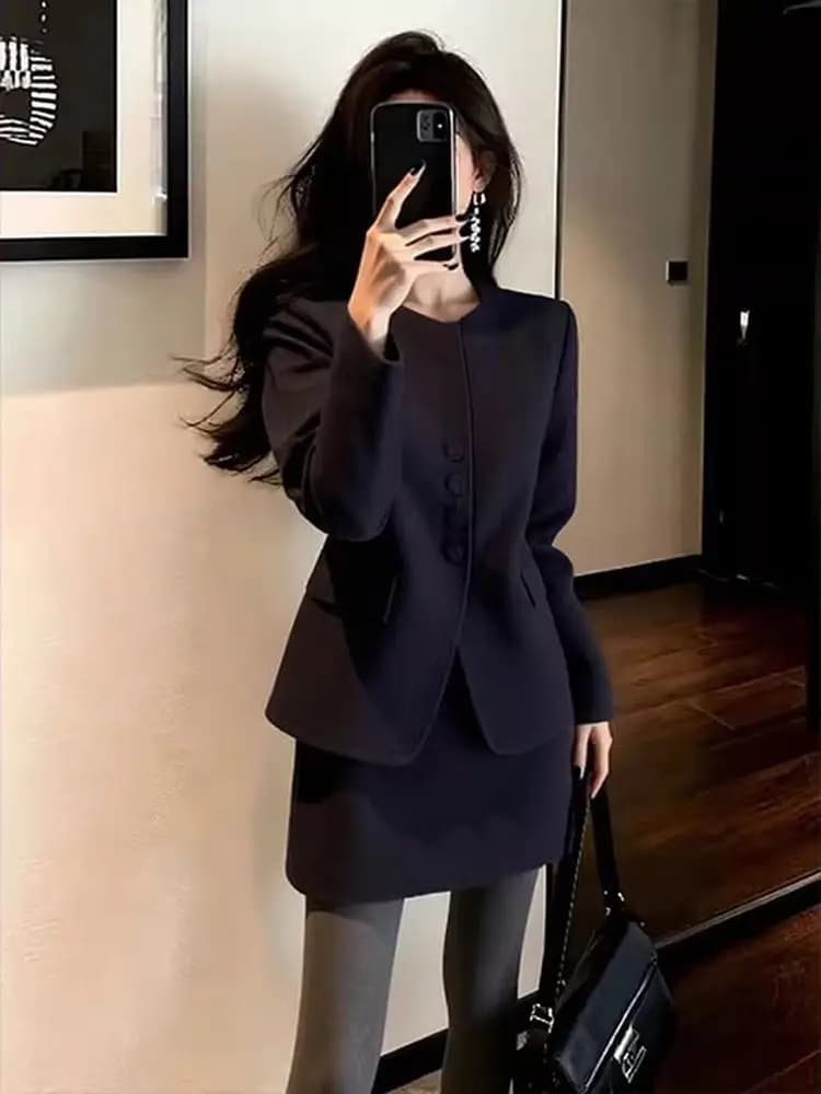 Ladies Luxury Style Autumn Winter Two-Piece Set Black Woolen Suit Jacket And Skirt Elegant Fashion for Women