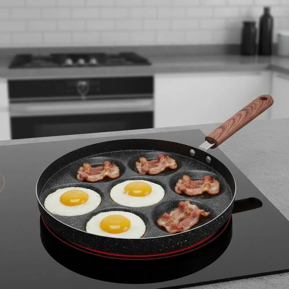 Household 4/7 Hole Egg Frying Pan Wood Grain Handle Divided Breakfast Egg Pan Non-stick Universal Egg Cooker Stove