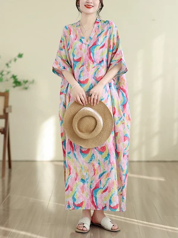 Floral Print V-Neck Long Dress plus Size Cotton Linen Blend Conceals Flaws Comfortable Summer Dress for Women Casual Wear