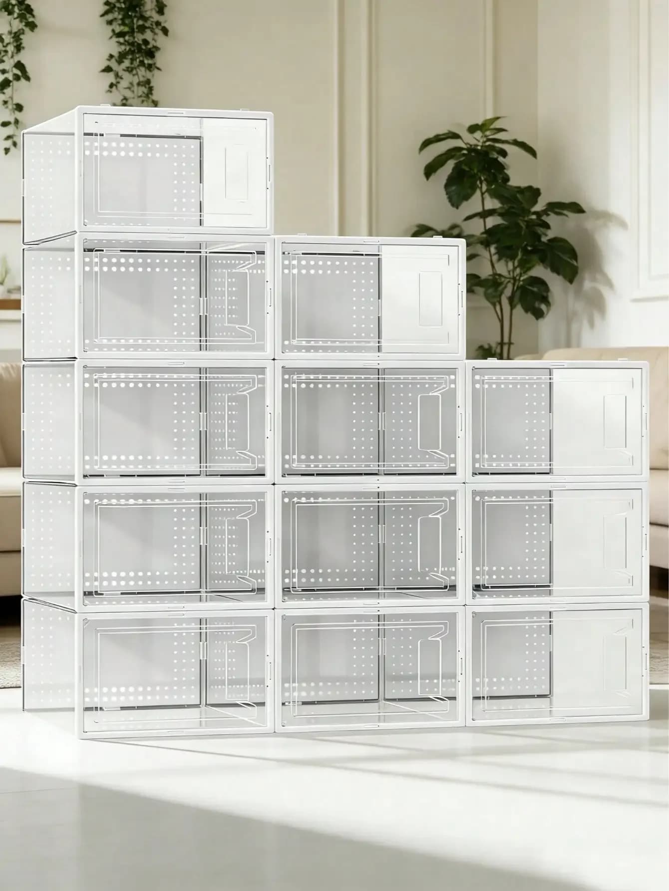12 Pack Large Shoe Storage Organizer For Closet, Modular Space Saving Shoe Boxes Clear Plastic Stackable Containers Display Case Bins With Lids, Shoe Rack For Sneaker Storage