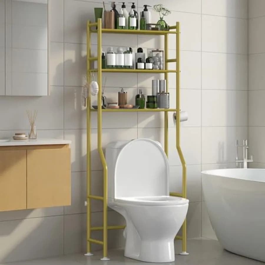 Organizzatore a 3 livelli da posizionare sopra il WC, scaffale salvaspazio per bagno con porta carta igienica e 4 ganci, autoportante, altezza 64 pollici, in carbonio.
