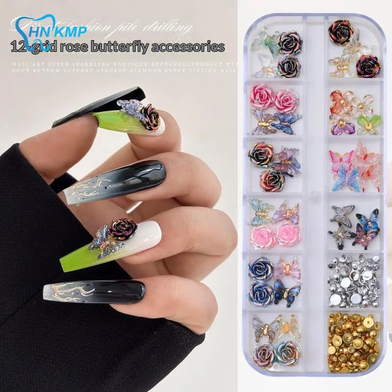 DIY Nail Decoration Set, 12 Grills with Rose and 3D Butterfly for Girls and Women, Creative Nail Decorations