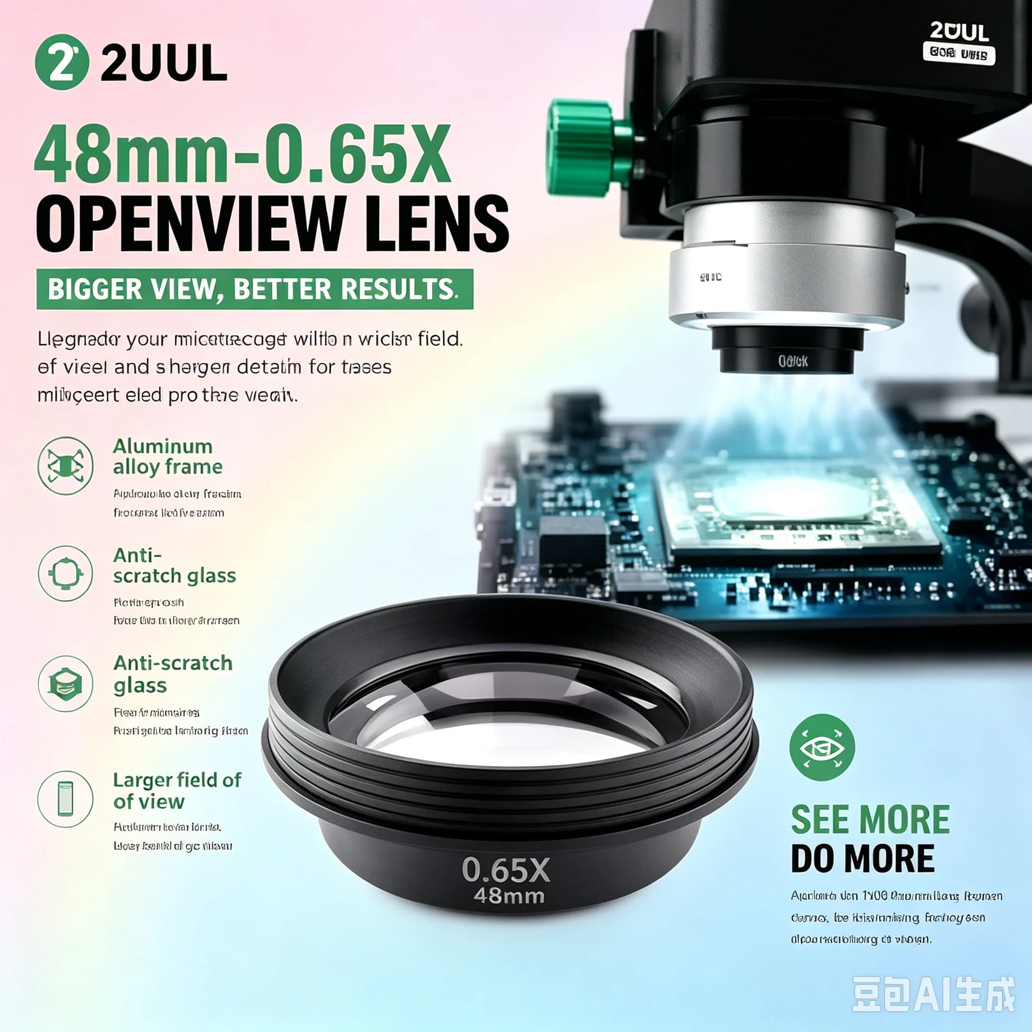 2UUL OpenView 0.65X Objective Lens (48mm thread, does not obstruct the light source); suitable for trinocular stereo microscopes