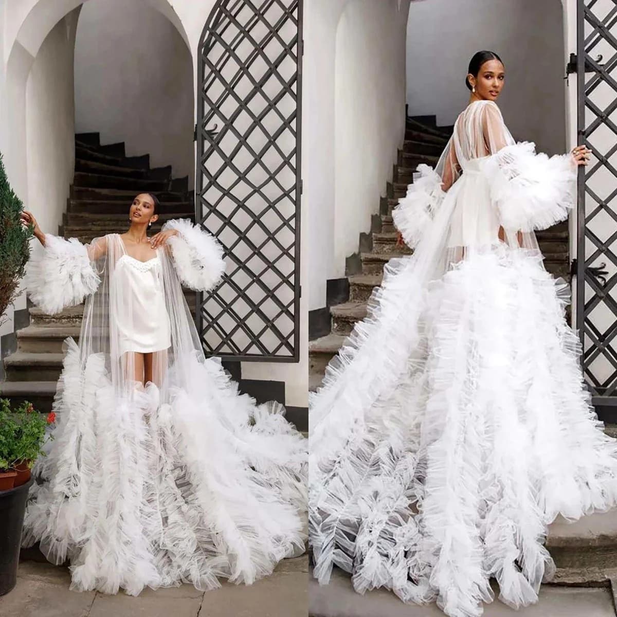Puffy Pregnant Party Sleepwear Ruffles Ruched Tulle Long Sleeve Women Bathrobe Sheer Pleats Nightgown Customized Evening Dresses
