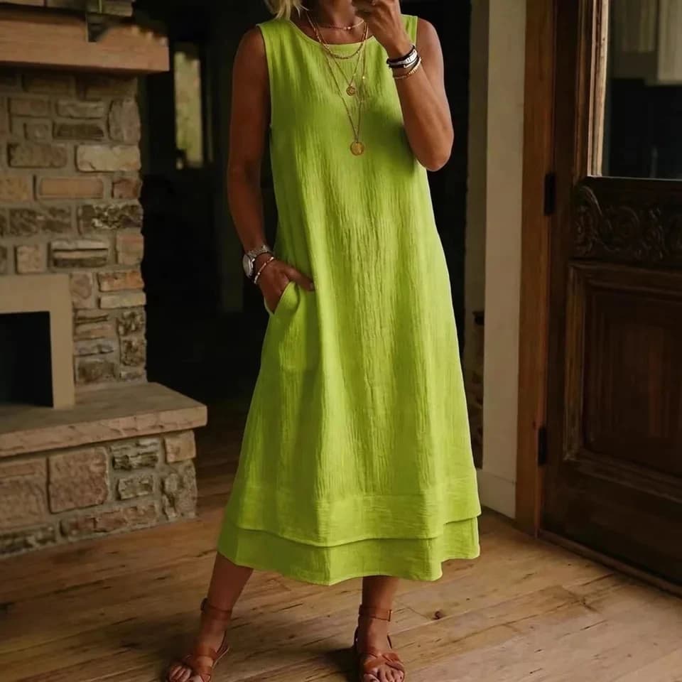 Nuovo Abito Midi Estivo da Donna 2026, Moda Casual con Collo Tondo Senza Maniche, Versatile ed Elegante