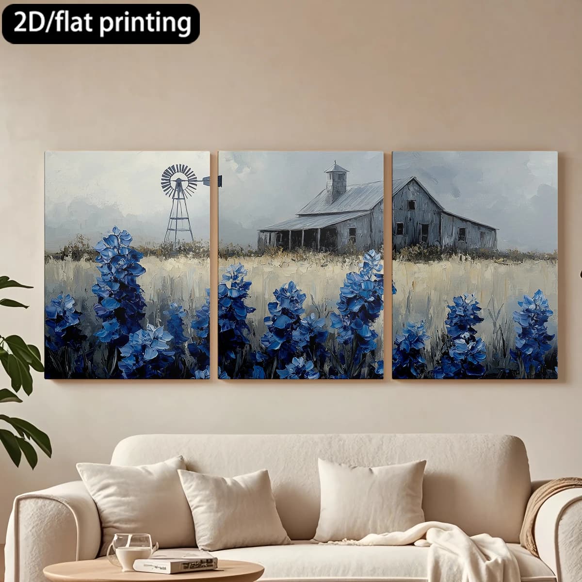 Decorative painting on canvas with wooden frame, 3 pieces. Rustic barn, windmill, blue wild flowers. Tende per camera da letto ikea.