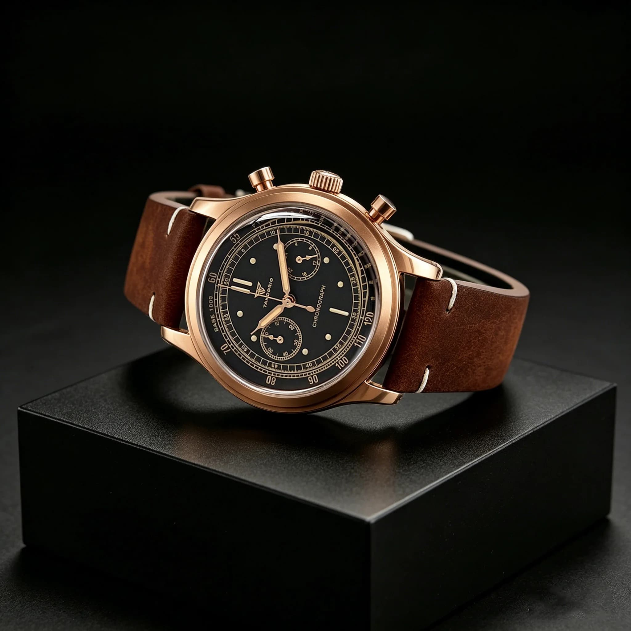 Orologi Sportivi con Movimento Miyota OS20, 38mm, Tandorio Retro, Orologio da Uomo Cronografo al Quarzo, Quadrante Nero, Vetro Bombato