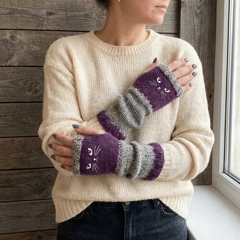 Fashion Thickened Knitted Fingerless Gloves Thick Color Block Half Finger Gloves Windproof Soft Cat Embroidery Gloves Autumn