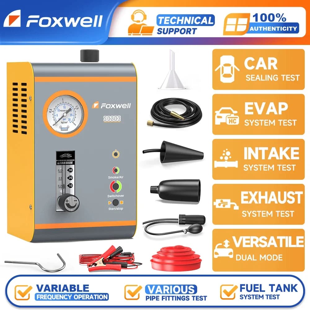 FOXWELL SD203 EVAP Macchina del fumo 12V Tester del fumo Sistema di tubi Pompa d'aria incorporata Rilevatore di perdite Tester diagnostico per perdite di tubi per auto