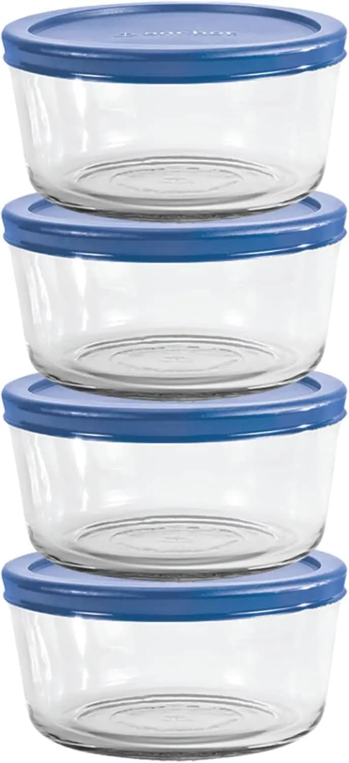 Set di 4 Contenitori in Vetro per Alimenti con Coperchi, Coperchi SnugFit Blu, Adatti per Forno e Microonde